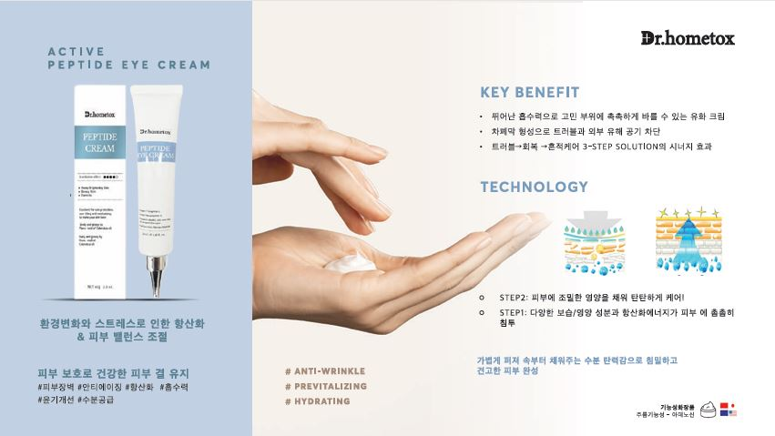 Dr.hometox ACTIVE 펩타이드 아이크림의 제품 사진과 눈가 관리 소개 자료